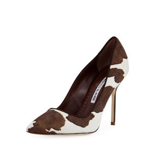 Manolo Blahnik Cow Hide Stilettos Heel Pointy Pumps Brown/White Women's EU 41